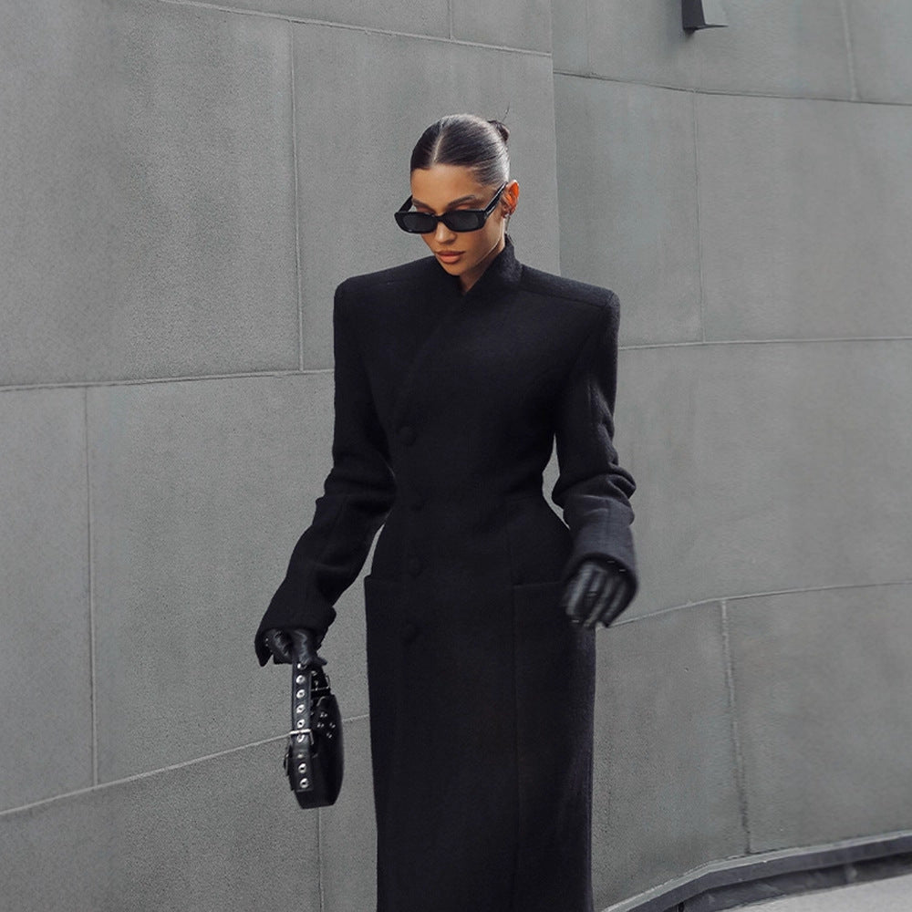 Tailored Shoulder-Padded Waist-Cinching Long Wool Coat For Women