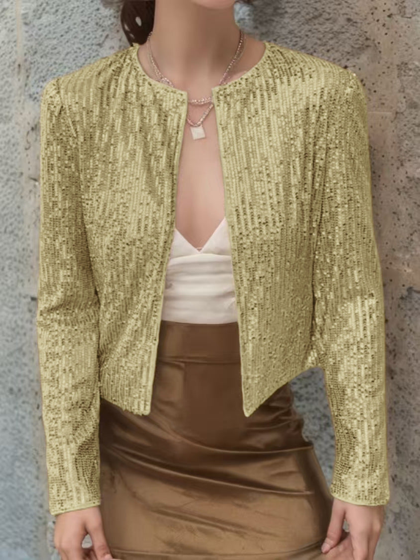 Crew-Neck Long Sleeve Sequin Cardigan Jacket For Evening Wear