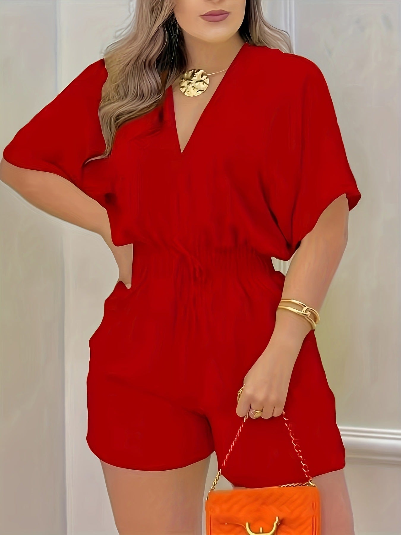 Ruffled V Neck Wide Leg Jumpsuit With Elegant Three Quarter Sleeves
