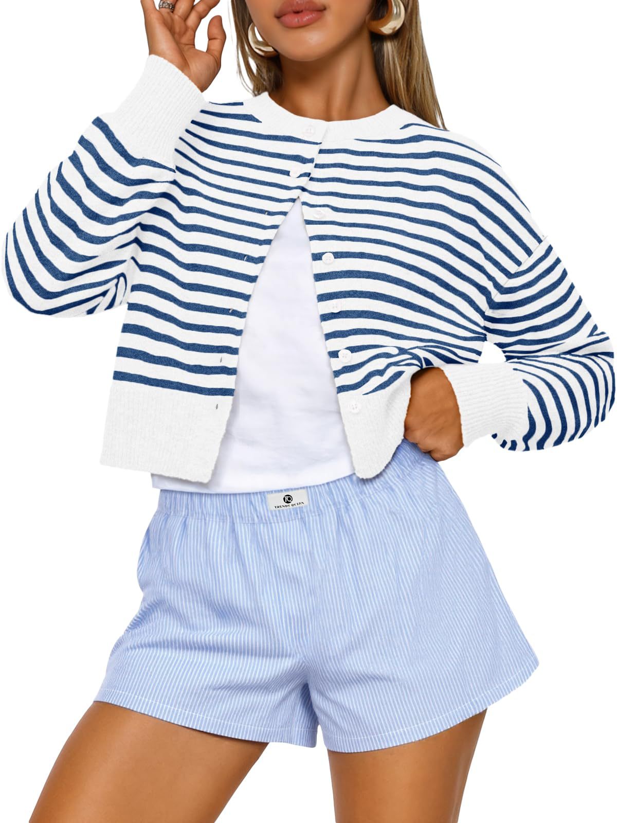 Cropped Button-Front Crewneck Knit Sweater For Women