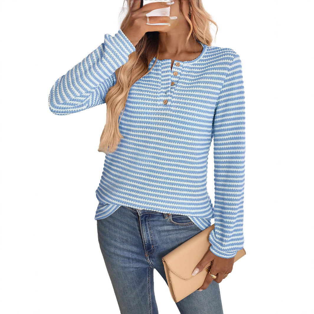 Pineapple Grid Knit Long Sleeve Round Neck T-Shirt For Women