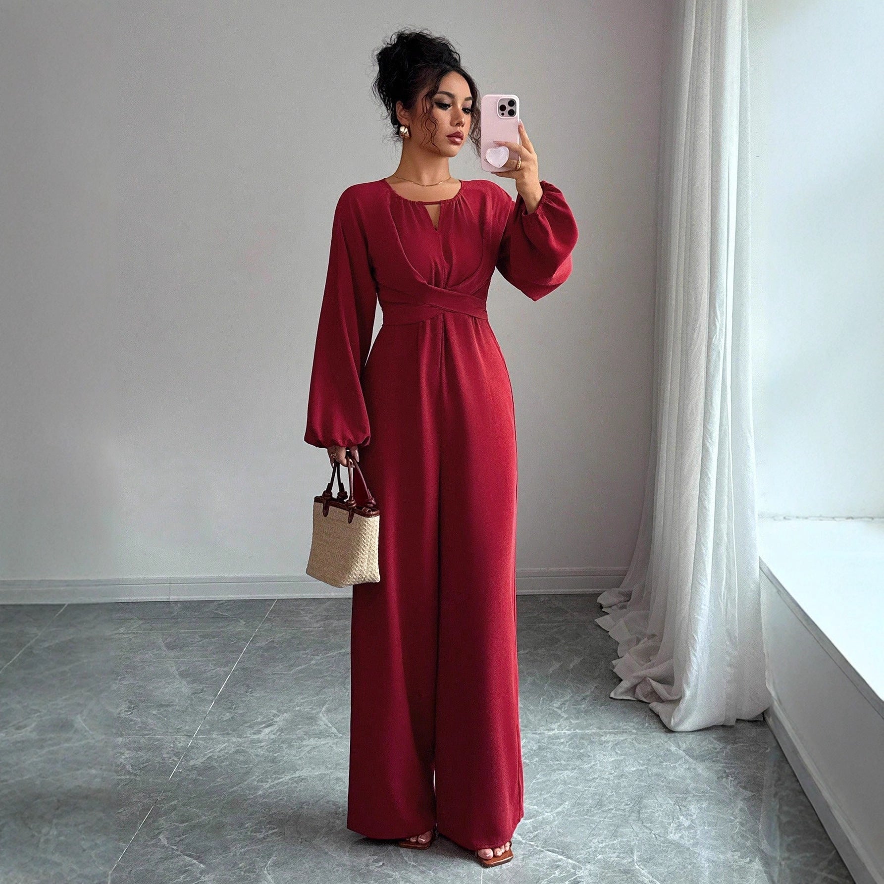 Square Neck Wide Leg Jumpsuit With Elegant Lantern Sleeves