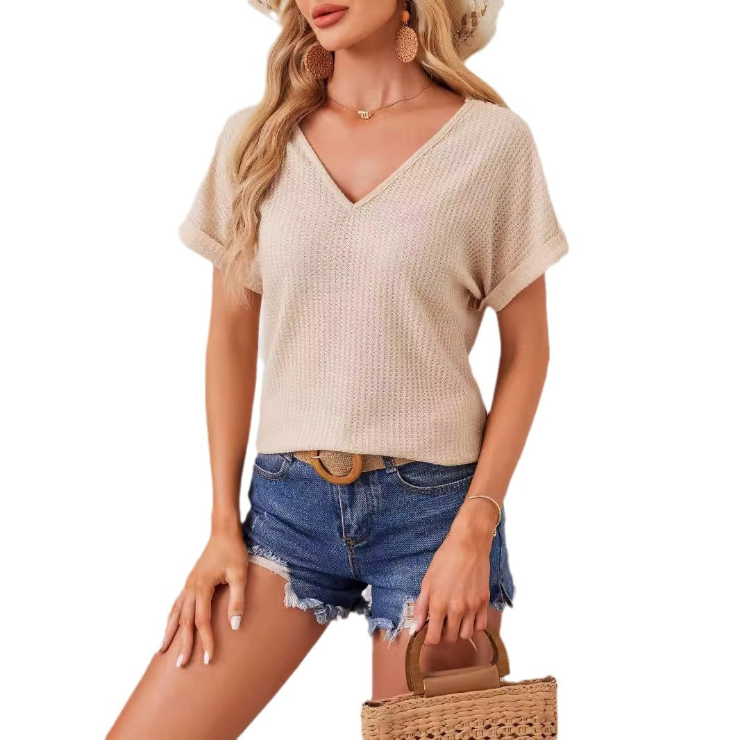 V-Neck Lace Patchwork Back Cutout Batwing Sleeve Elegant Summer Top