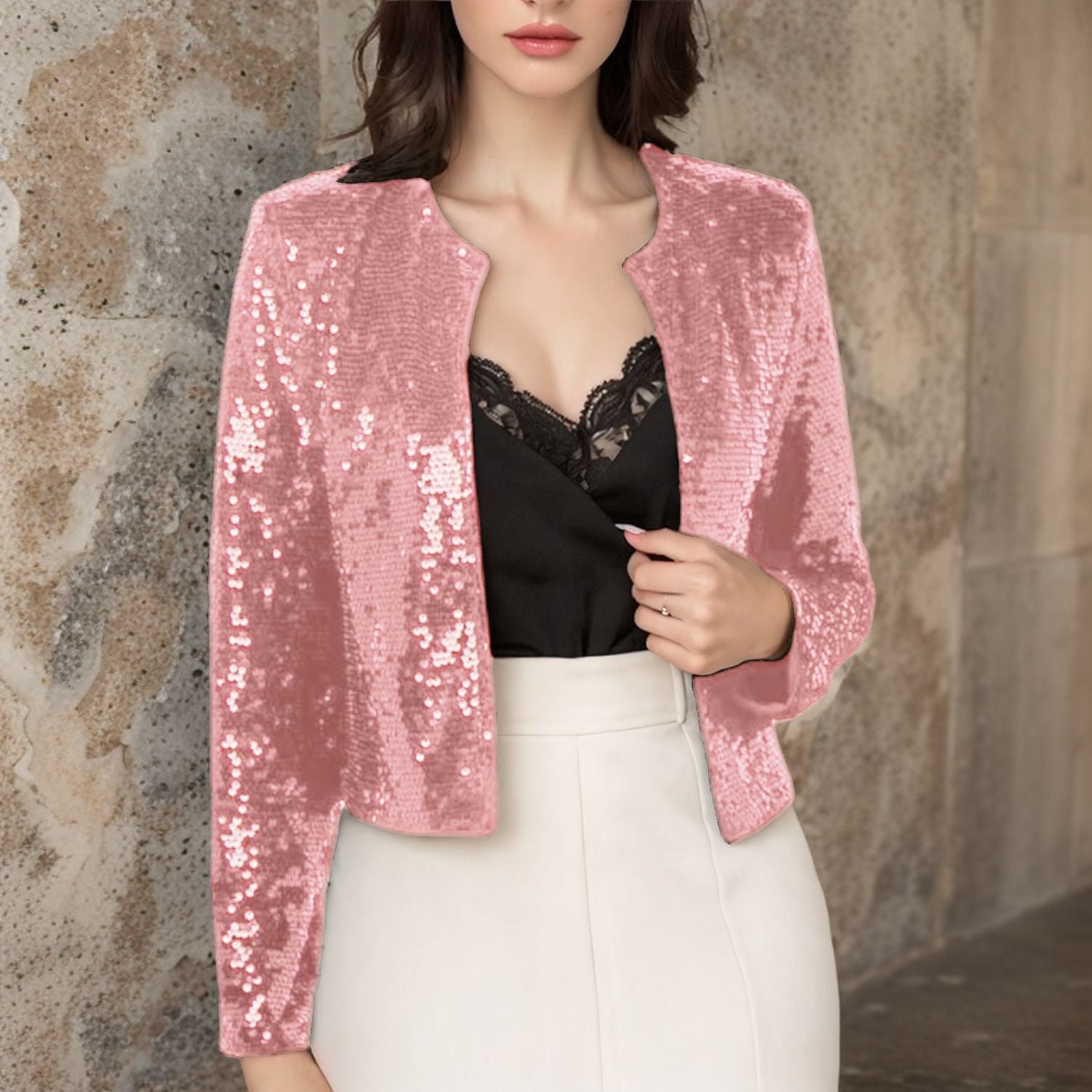 Crew-Neck Long Sleeve Sequin Cardigan Jacket For Evening Wear