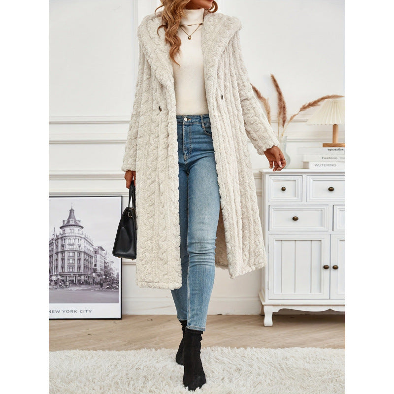 Long Hooded Wool Blend Coat With Button Closure