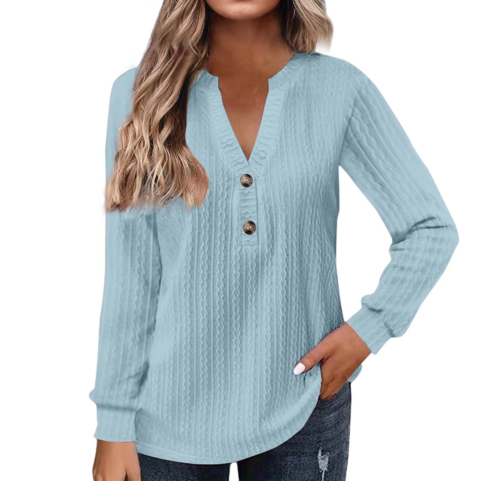 Women's Long Sleeve V-Neck Buttoned Solid Color Casual T-Shirt