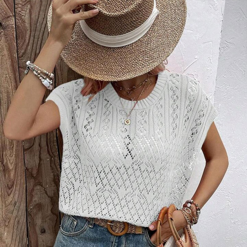 Hollow Out Knit Crew Neck Swim Cover Up Sun Protective Beach Top