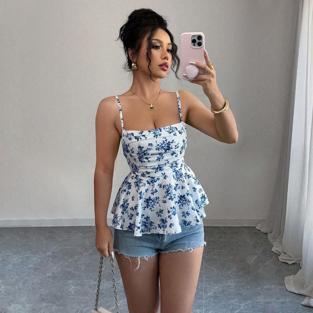 Floral Asymmetrical Slim Fit Sleeveless Strappy Camisole Top