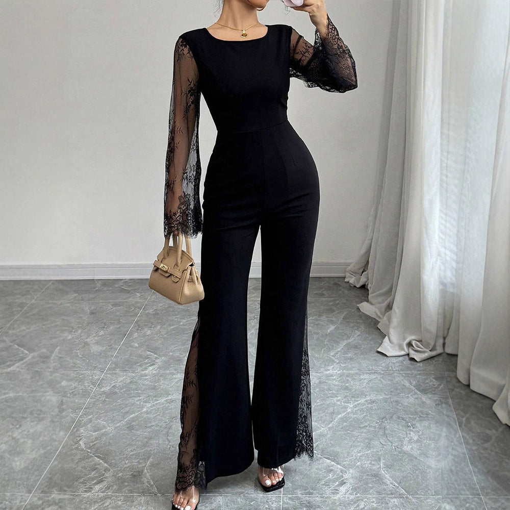 Lace Embellished Bodycon Jumpsuit With Cinched Waist And Sleek Fit