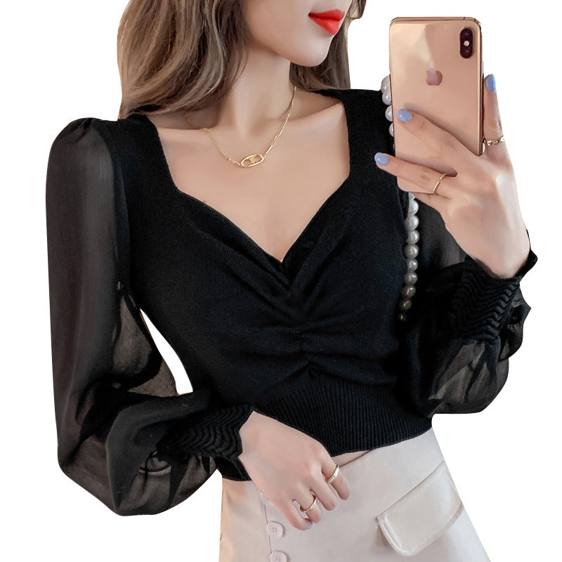 Korean-Style Slim Spliced Sweater Top (One Size)