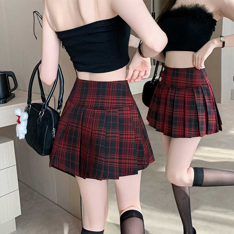 Spring Summer Plaid Pleated Mini Skirt With Button Detail