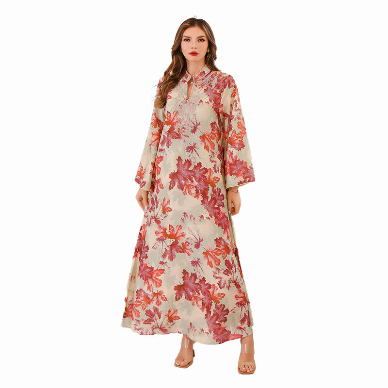Printed Long Sleeve Summer Gown Dress With Flowing Silhouette