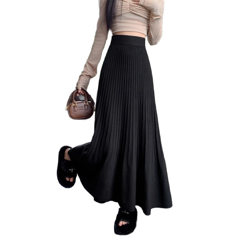High Waisted Knitted Pleated Midi Skirt For Slimming Fit