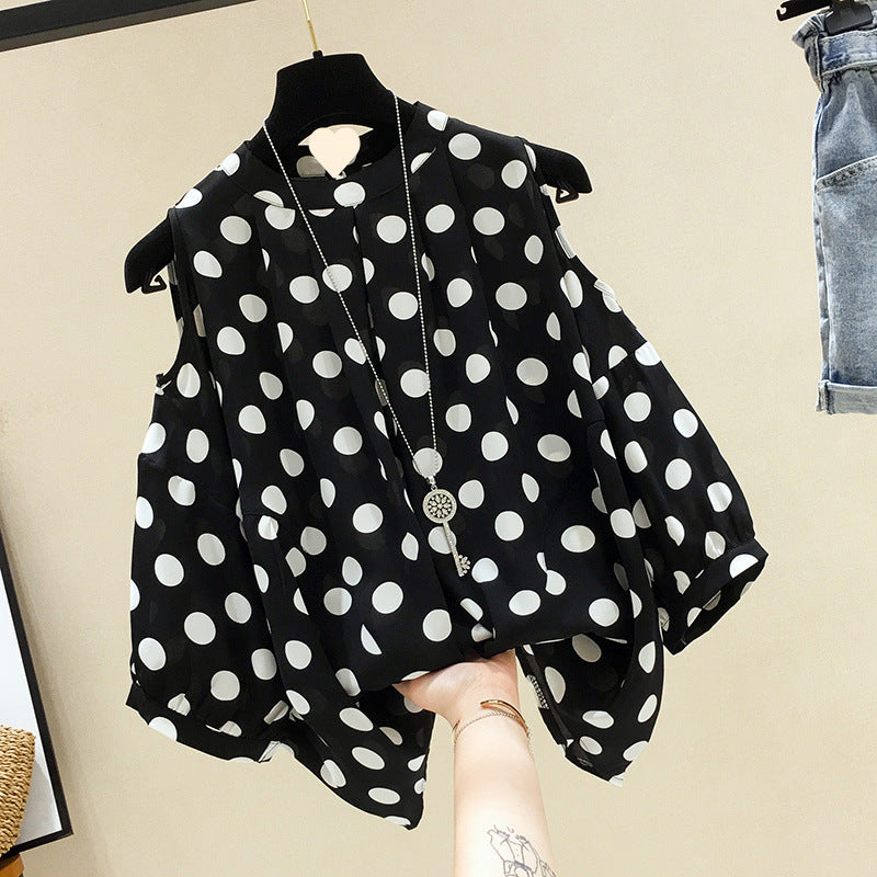 Women's Polka Dot Off-Shoulder Short Sleeve Flattering Chiffon Blouse