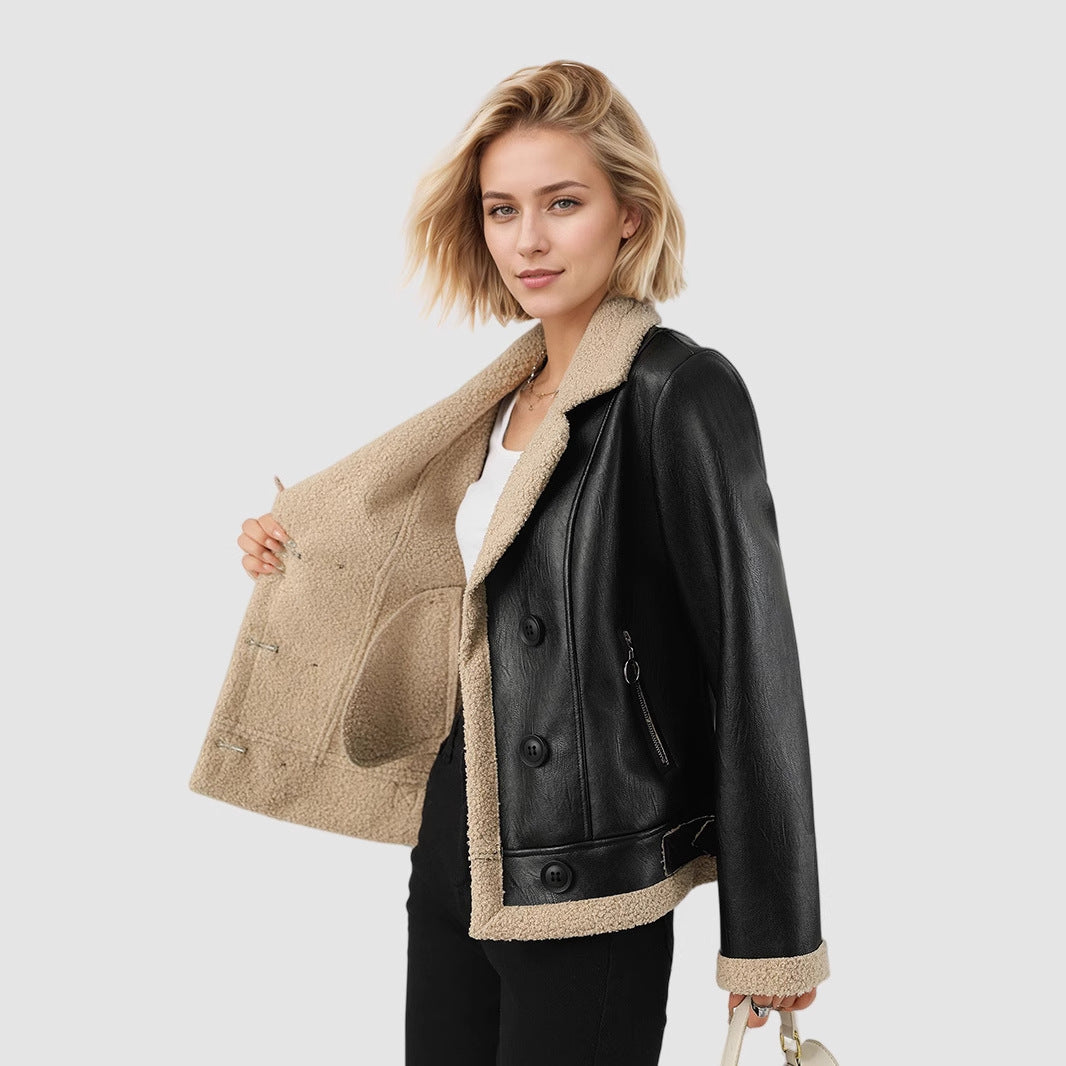 Fleece Padded PU Leather Belted Commuter Coat For Women