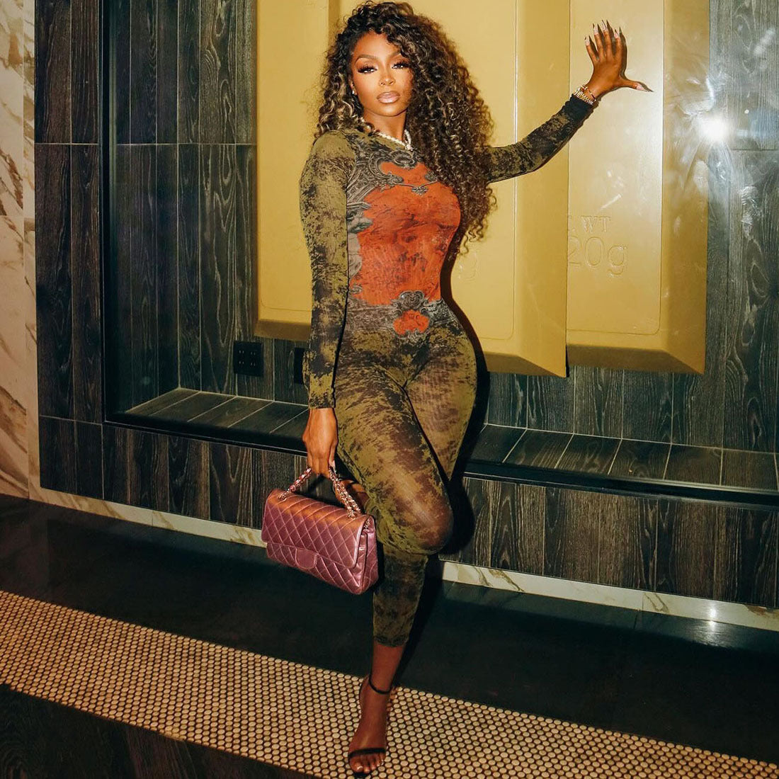 Mesh Print High Waist Slim Fit Jumpsuit With Zipper Front