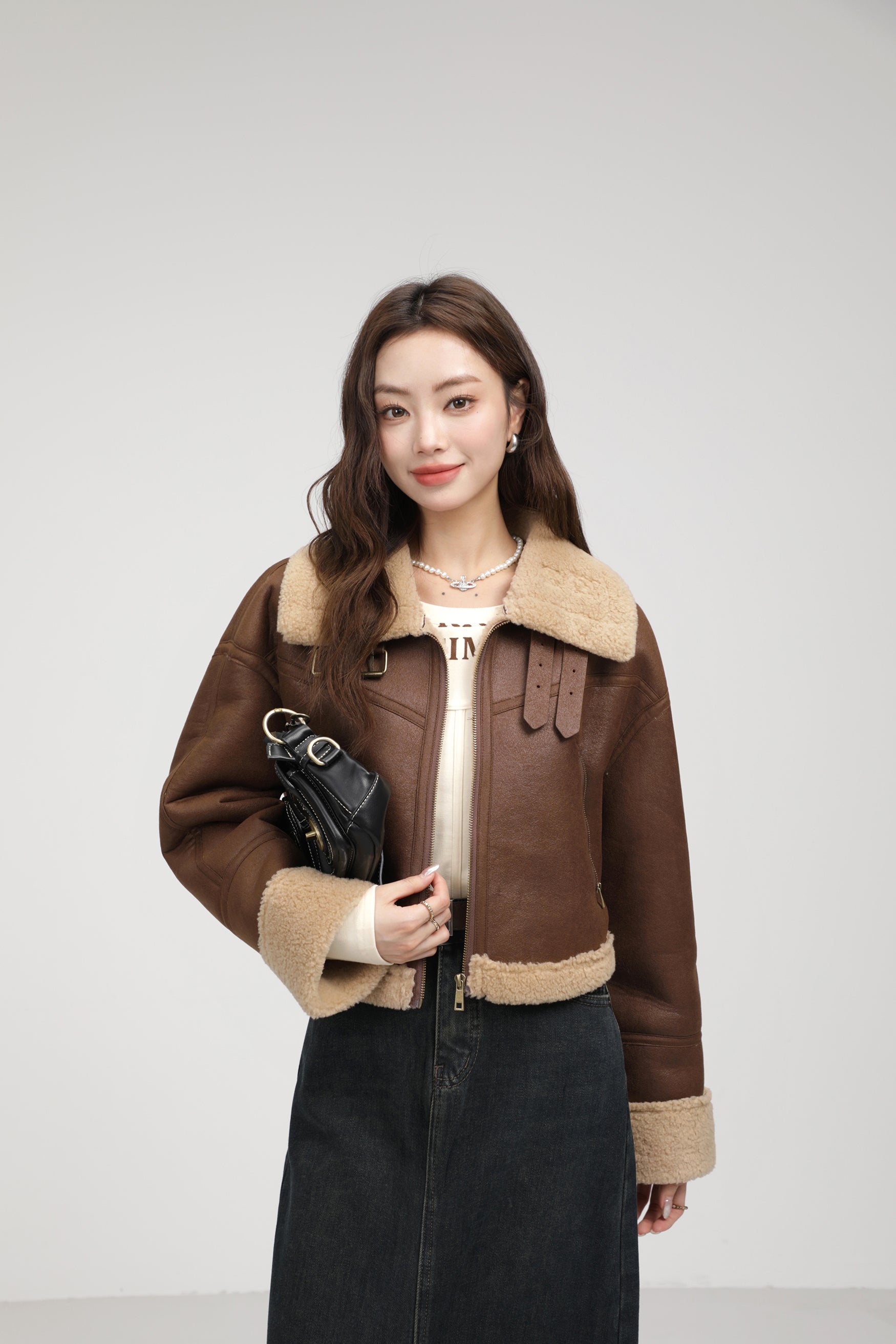Stand Collar Lamb Fur Short Coat Women's Zipper Jacket Warm