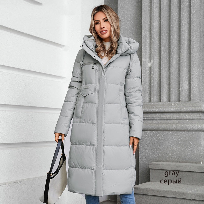 Long Hooded Zip Up Cotton Coat For Elegant Commuter Style