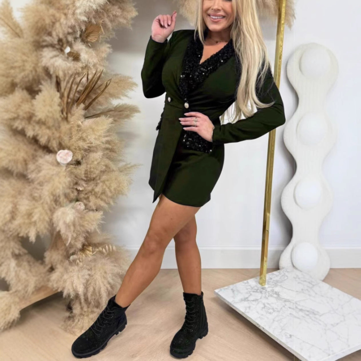 Sequin Spliced Elegant Jumpsuit With Cropped Straight Leg Fit