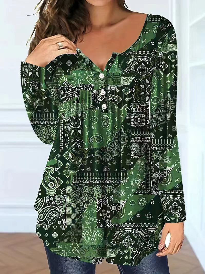 Women's Loose Fit V-Neck Buttoned Long Sleeve Casual T-Shirt