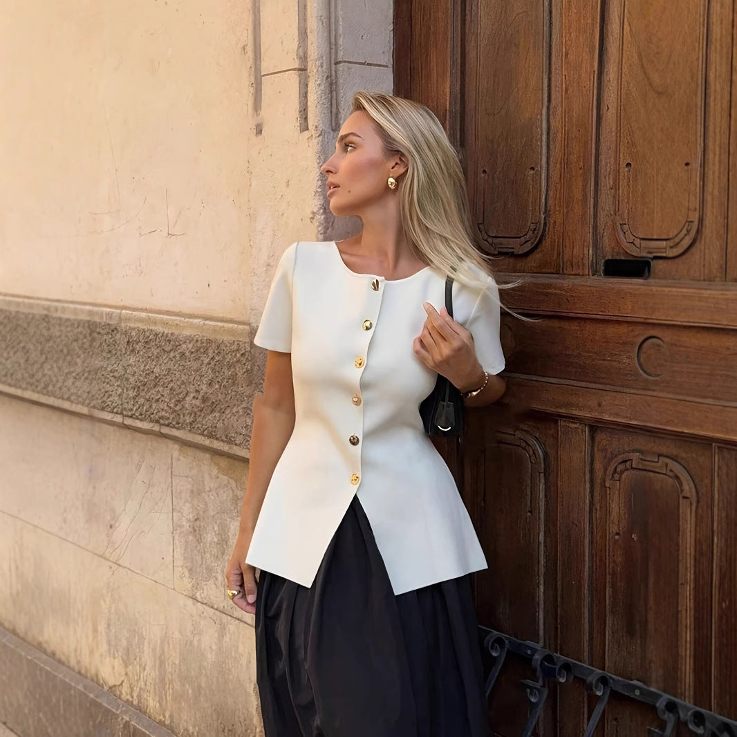 White Round-Neck Short Sleeve Top With Metal Buttons