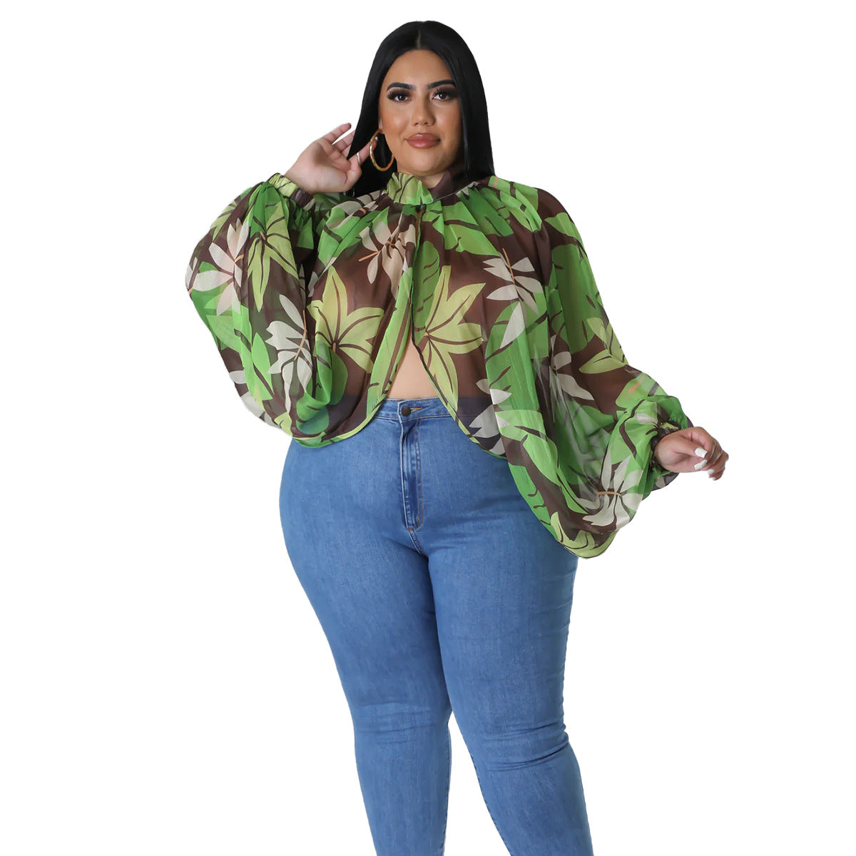 Plus Size Floral Batwing Sleeve Long Chiffon Tie-Detail Loose Top
