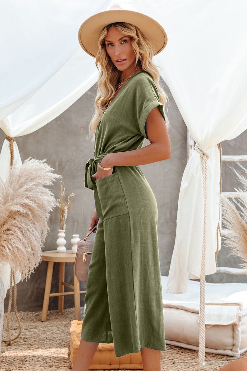 Bodysuit with Decorative Buttons and Tie Waist - THEONE APPAREL