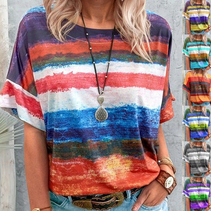 Bohemian Striped Watercolor Style Short Sleeved Tee - THEONE APPAREL