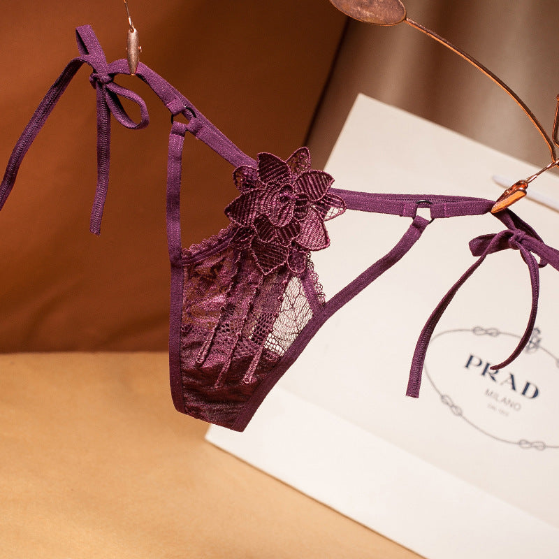 Floral Lace Cutout Thong Panties-Purple-Theone Apparel