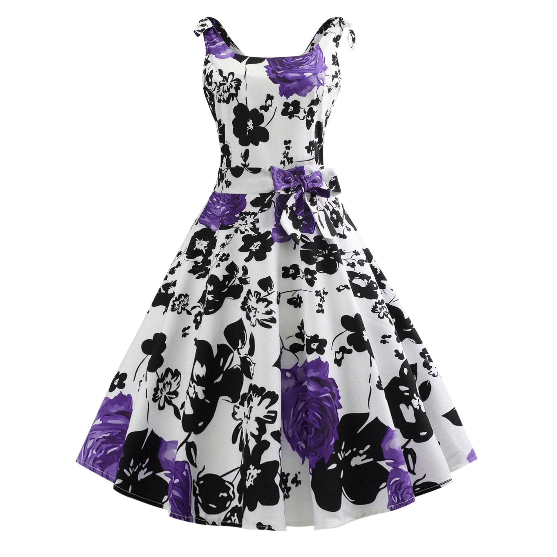 Flower Print Waist Tie Dress-White/Purple-Theone Apparel