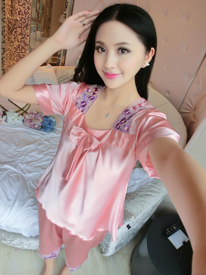 Flowers & Bows Satiny PJ Set-Light Pink-Theone Apparel