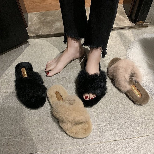 Fuzzy Fur Crisscross Slipper Shoes-Theone Apparel