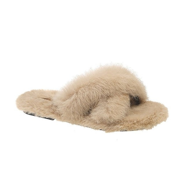 Fuzzy Fur Crisscross Slipper Shoes-Theone Apparel
