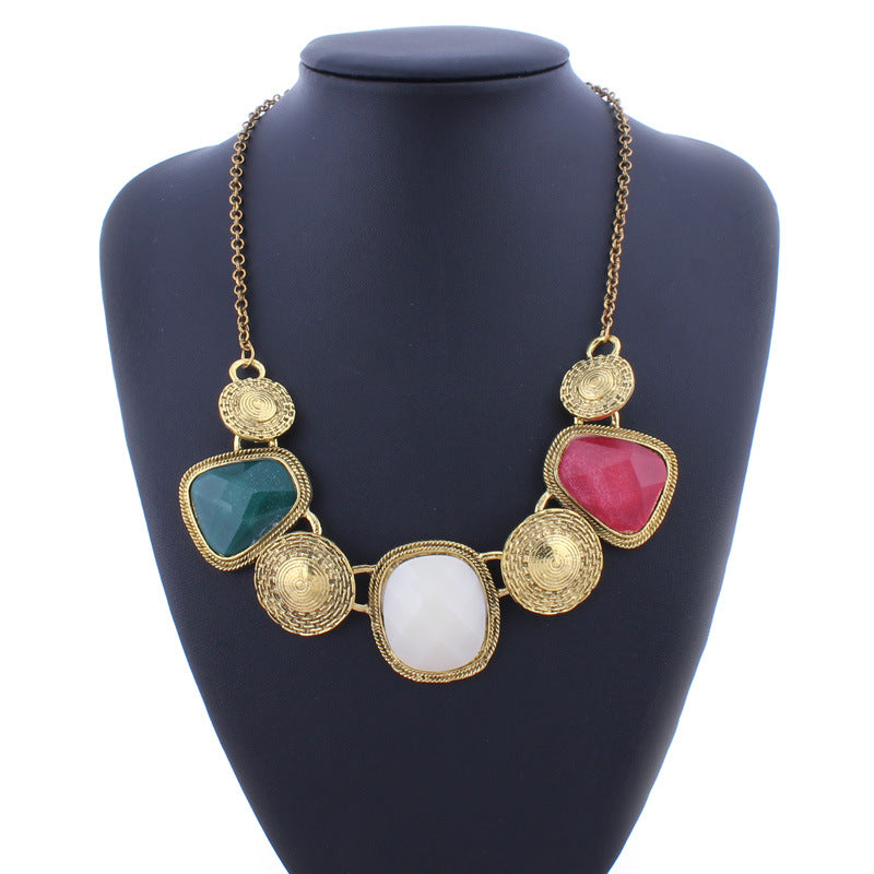 Geometric Retro Gemstone Statement Necklace-Green/Red-Theone Apparel