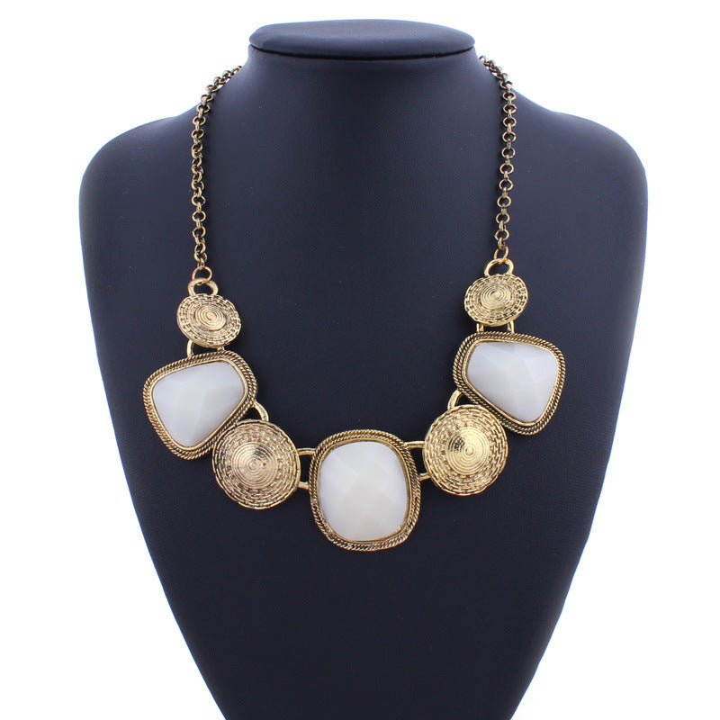 Geometric Retro Gemstone Statement Necklace-Gold-Theone Apparel