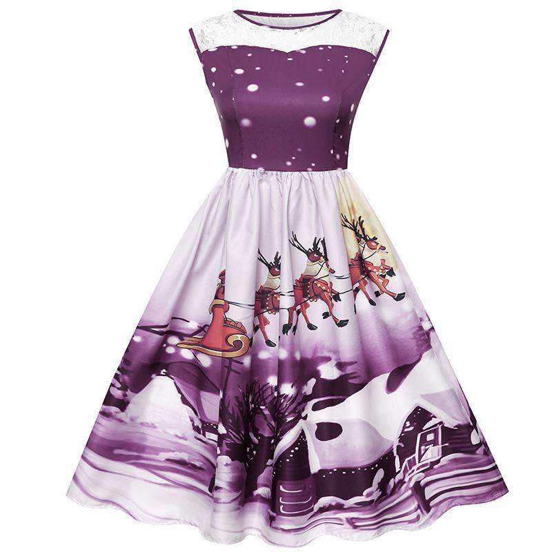Holiday Scene Boat Neck Dress-Purple-Theone Apparel