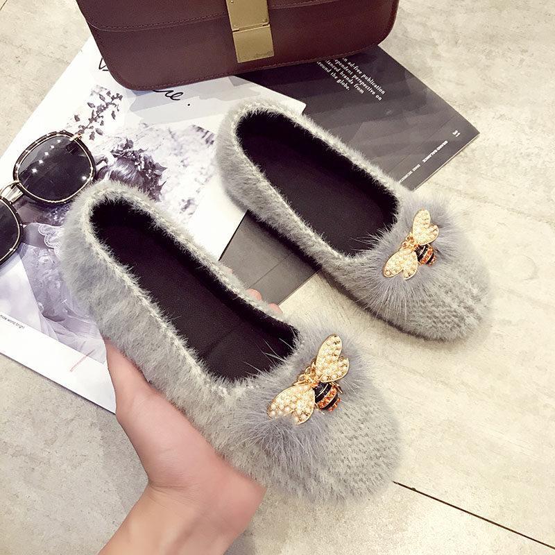 Houndstooth Fur Trim Bumblebee Flats-Beige-Theone Apparel