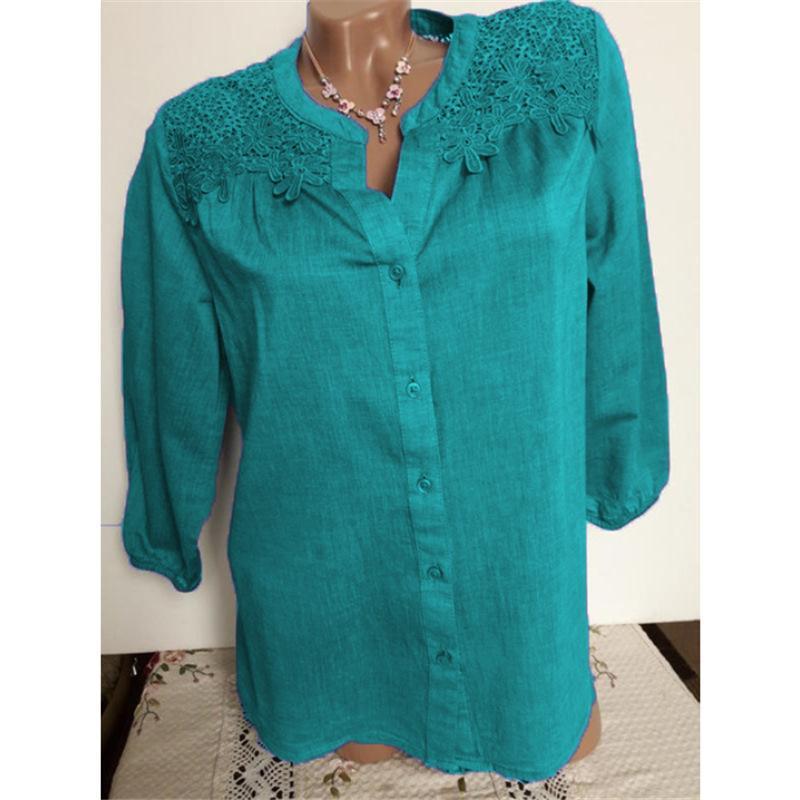 Lace Embroidery Button Up Blouse-Aqua-Theone Apparel