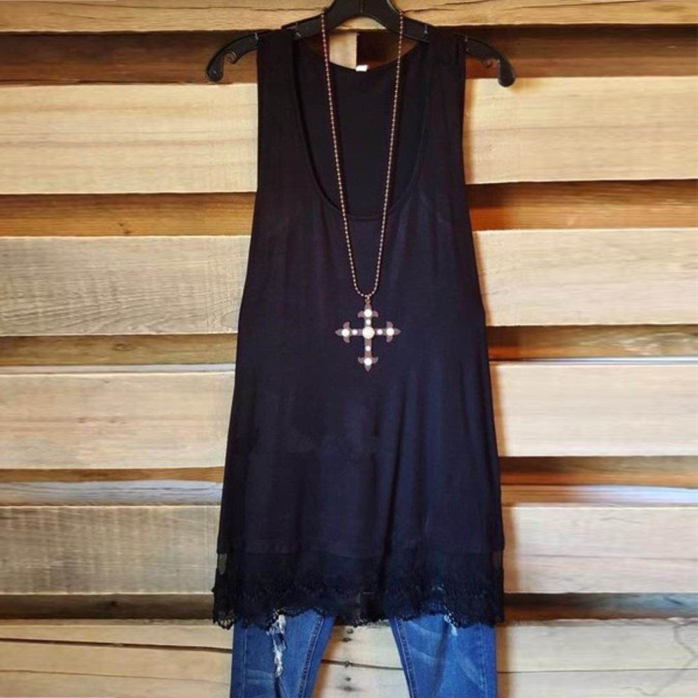 Lace Hem Loose Fit Tank Top-Black-Theone Apparel