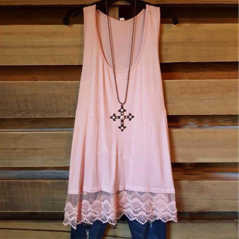 Lace Hem Loose Fit Tank Top-Pink-Theone Apparel