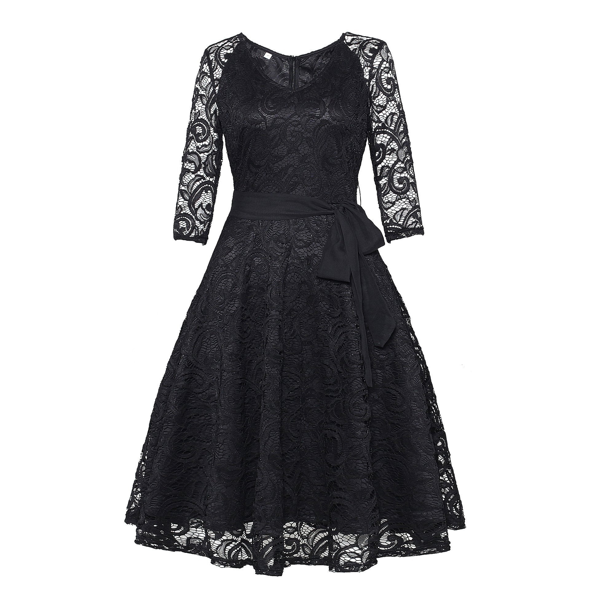 Lace Illusion Sleeve Cocktail Dress-Black-Theone Apparel