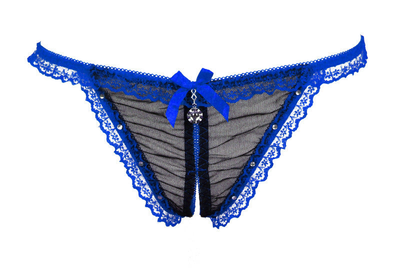 Lace and Mesh Cutout Front Jeweled Thongs-Blue-Theone Apparel