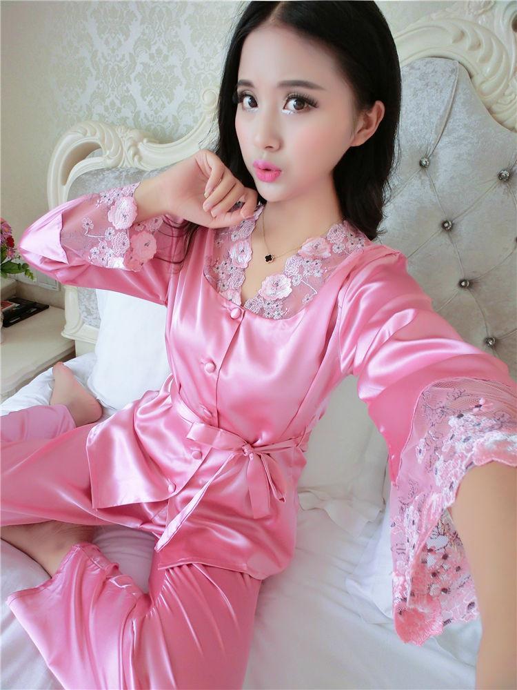 Lace and Satin Pajamas Robe Set-Pink-Theone Apparel