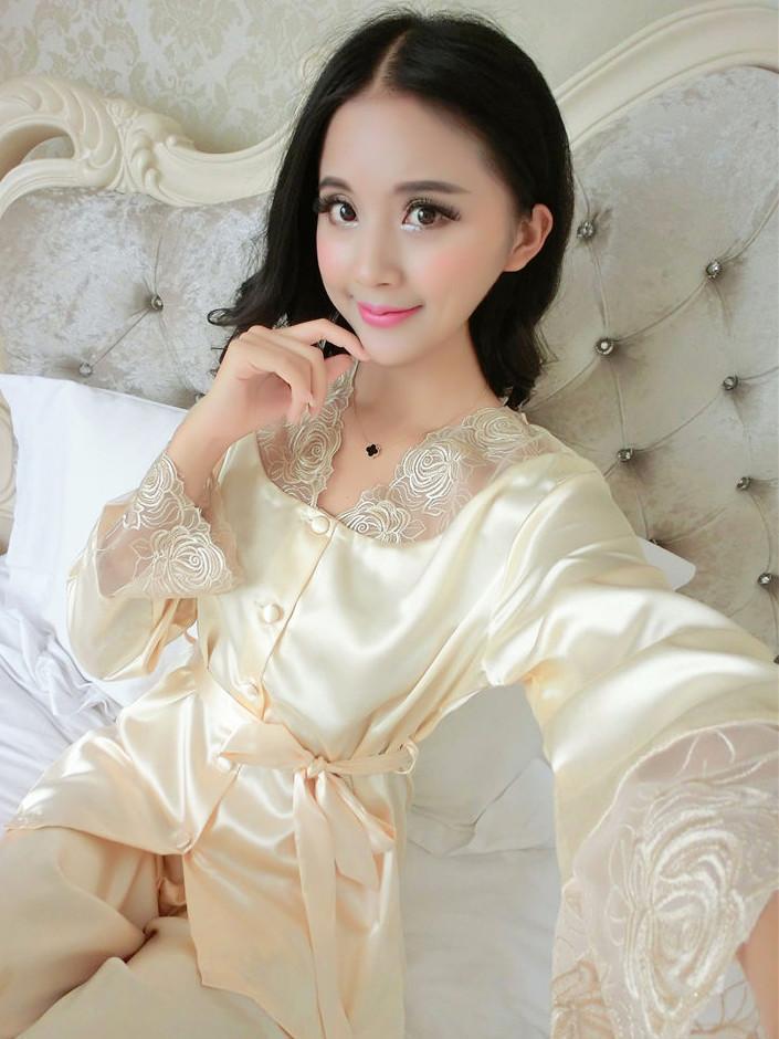Lace and Satin Pajamas Robe Set-White-Theone Apparel