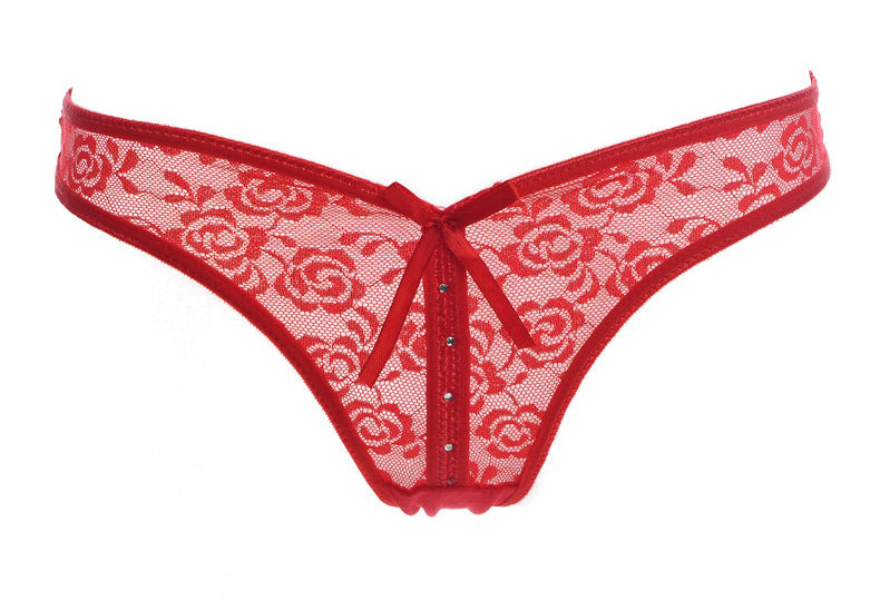 Lacy Low Waist Semi Transparent Bow Thongs-Red-Theone Apparel