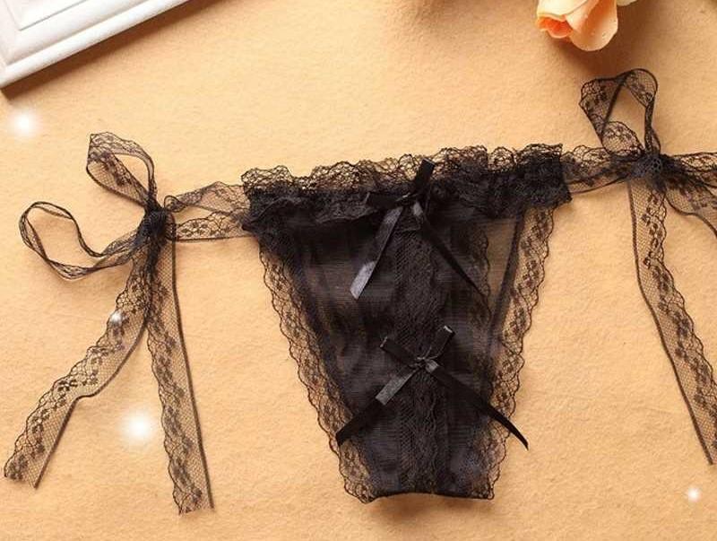 Lacy Side Tie Bikini Crotchless Undies-Black-Theone Apparel