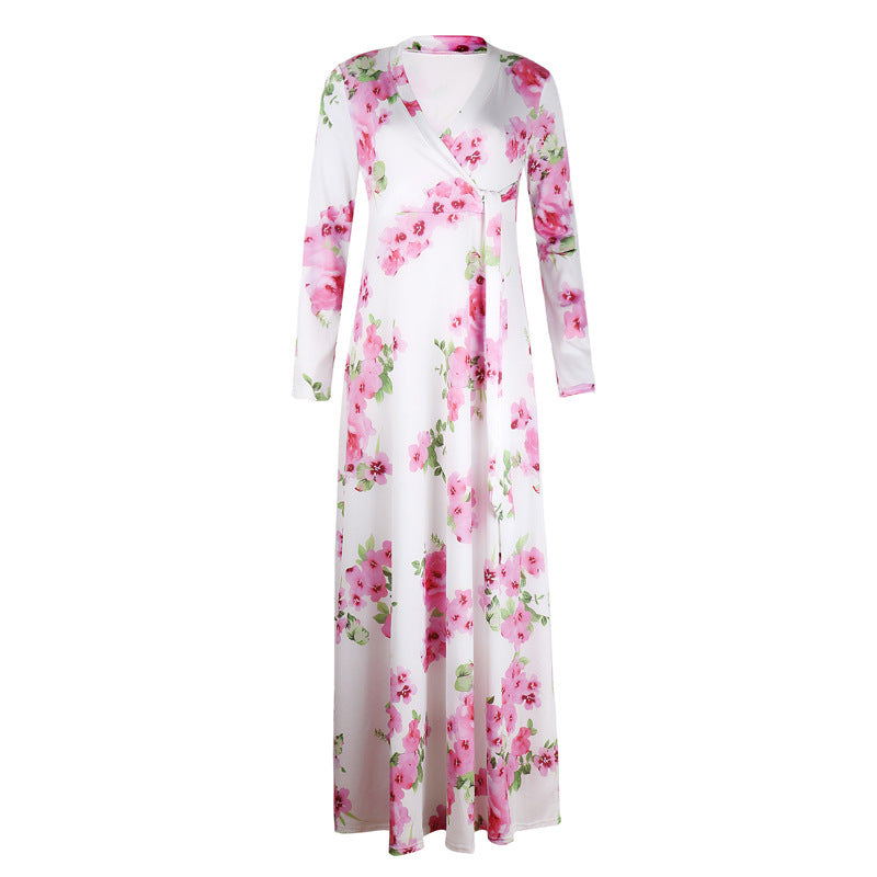 Long Sleeved Maxi Dress with Large Floral Print-White-Theone Apparel