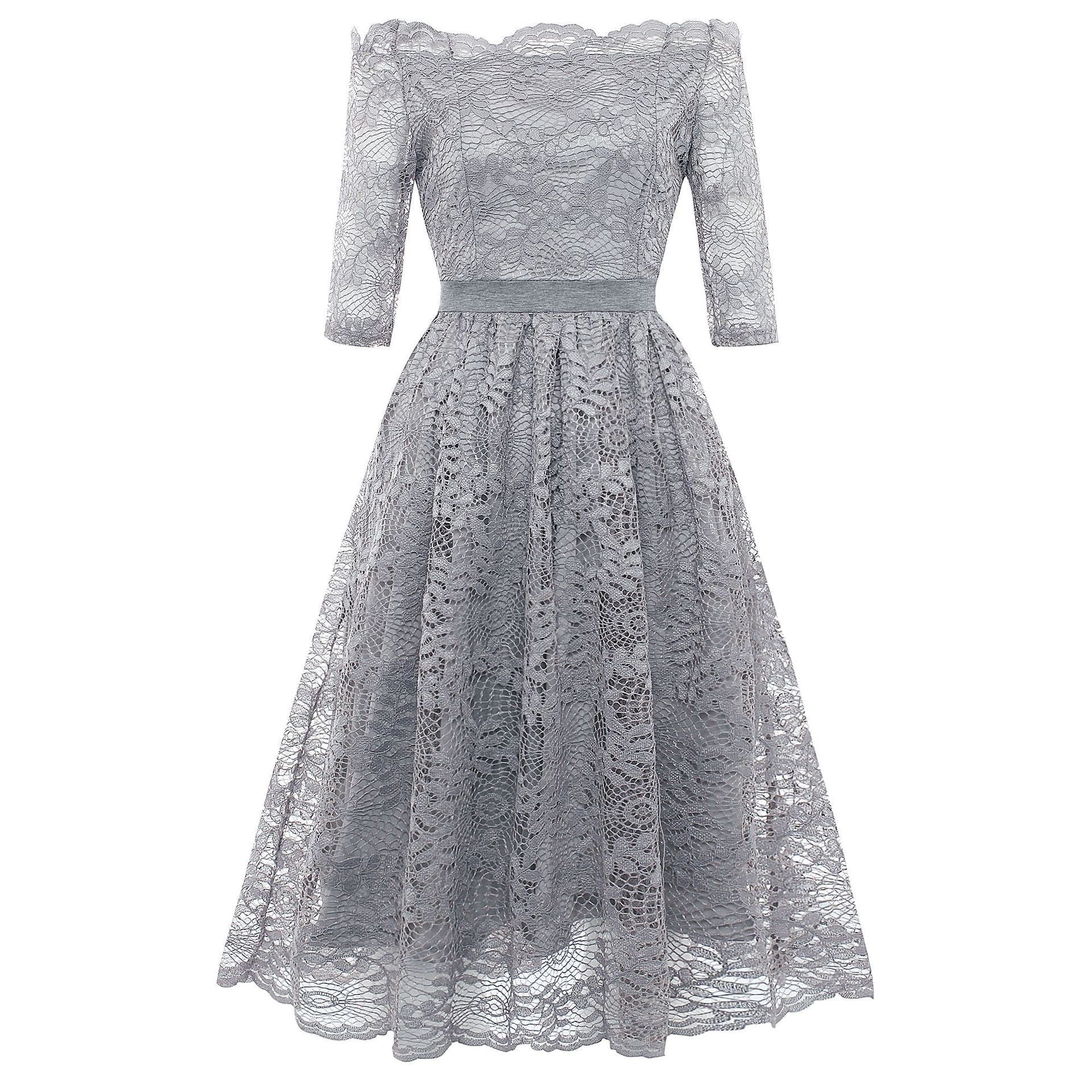 Off Shoulder Lace Hem Dress-Theone Apparel