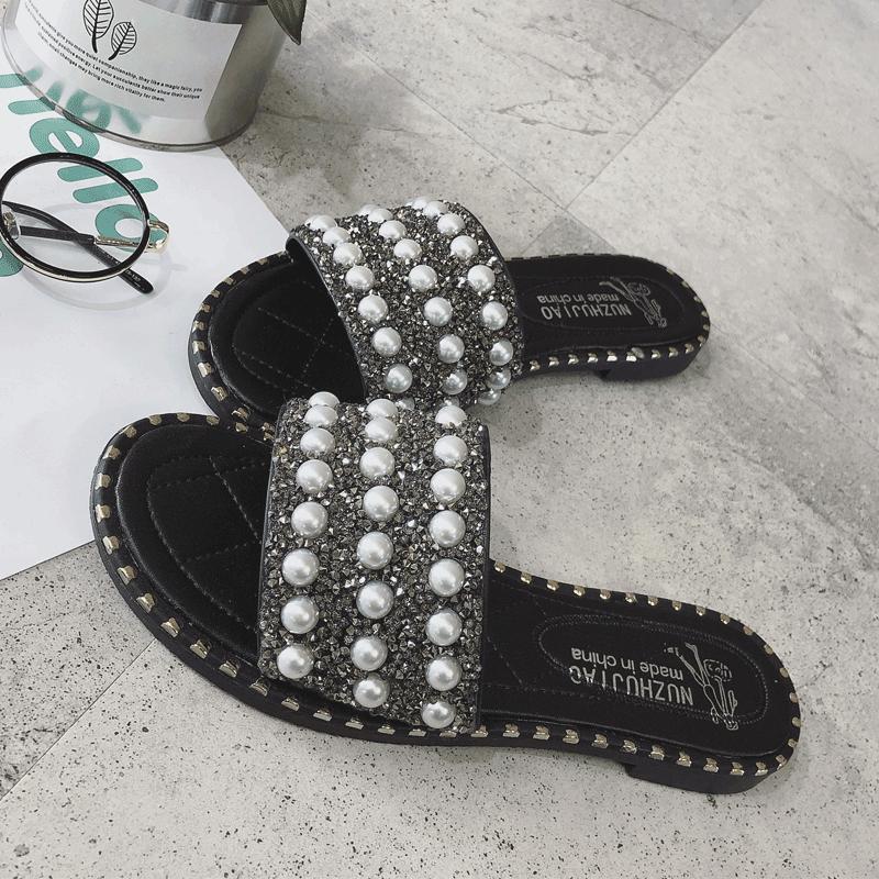 Pearl Encrusted Stud Trim Slippers-Theone Apparel