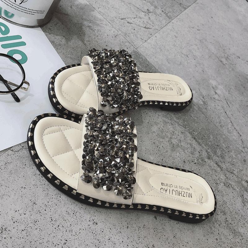 Pearl Encrusted Stud Trim Slippers-Theone Apparel